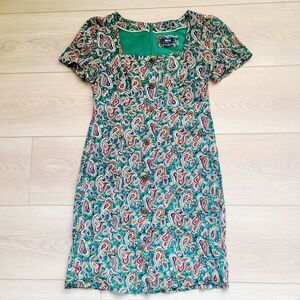 Maeve Anthropologie Dress 8 Green Multi Paisley Button-Front‎ Square Neck Sheath